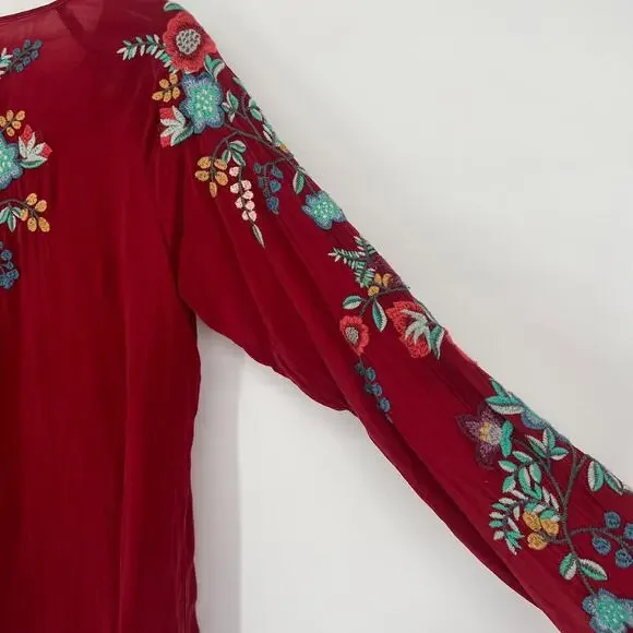 Johnny Was Top Women S Red Embroidered Floral Boho Hippie Peasant Western - Picture 7 of 8